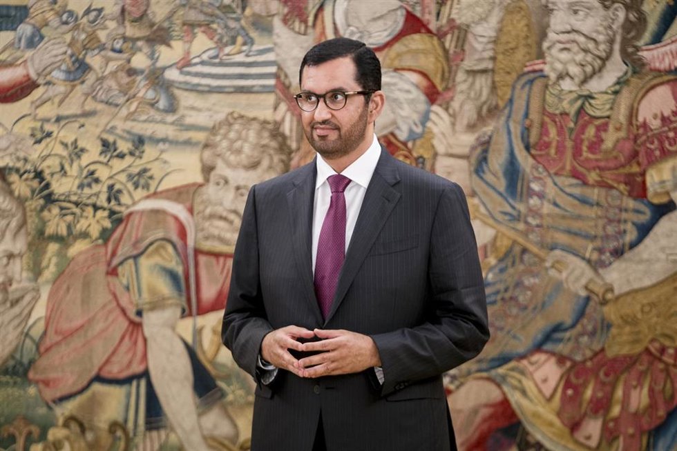 El ministro de Industria y Tecnología Avanzada de Emiratos Árabes Unidos y CEO de la Compañía Nacional de Petróleo de Abu Dhabi (ADNOC), Sultán Ahmed Al Jaber, durante una audiencia con el Rey Felipe VI a 11 de julio de 2023.