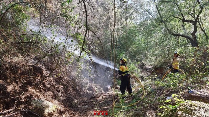 Dos bomberos trabajan en el incendio que ha quemado este martes junto a la autovía A-2 en Collbató (Barcelona).