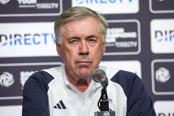28 July 2023, US, Dallas: Real Madrid coach Carlo Ancelotti speaks during a press conference on the eve of the pre-season friendly soccer match against Barcelona at AT&T Stadium in Dallas. Photo: William Volcov/ZUMA Press Wire/dpa
