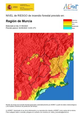 Mapa que establece el nivel de riesgo de incendio forestal en la Región