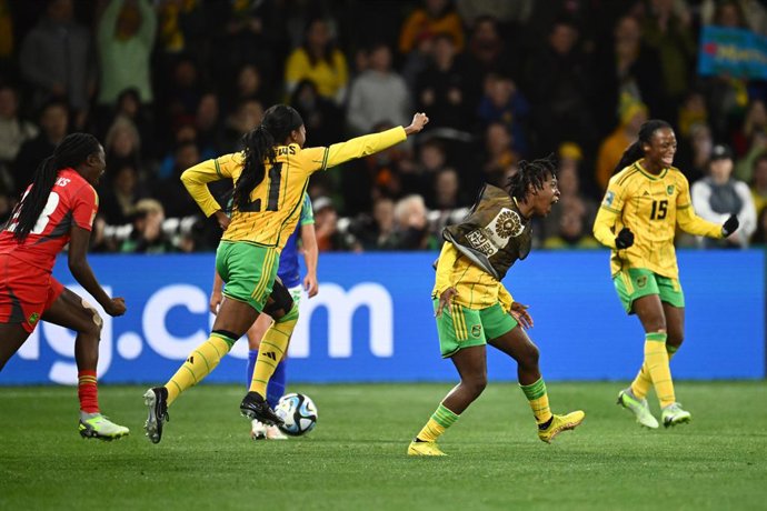 Jamaica celebrates following their nil all draw with Brazil to advance to the round of 16 during the FIFA Women's World Cup 2023 soccer match between Jamaica and Brazil at Melbourne Rectangular Stadium in Melbourne, Wednesday, August 2, 2023. (AAP Image