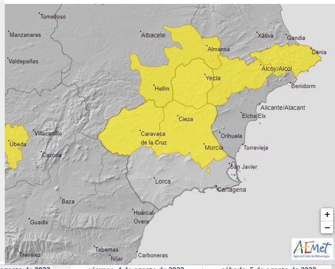 Mapa con los avisos activos en la Región de Murcia
