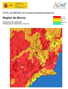 Mapa que muestra el nivel de riesgo de incendio forestal en la Región de Murcia