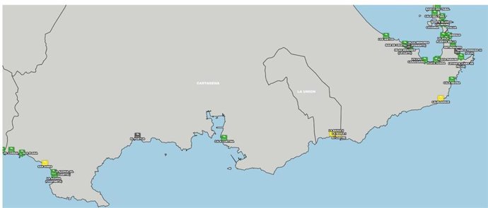 Mapa que muestra la ubicación de las playas con bandera amarilla
