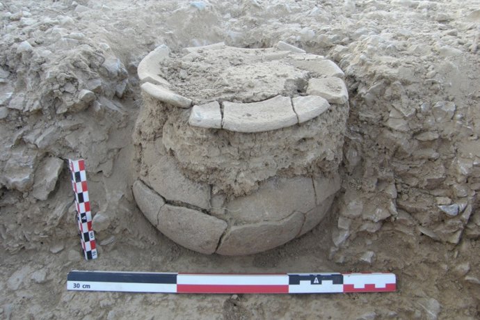 Urna funeraria recuperada en las excavaciones del yacimiento de la Vall de la Clamor (Lleida)