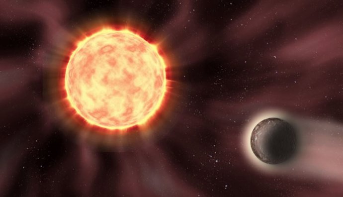 Ilustración artística de un sistema planetario estelar. El viento estelar alrededor de la estrella y el efecto en la atmósfera del planeta son visibles.