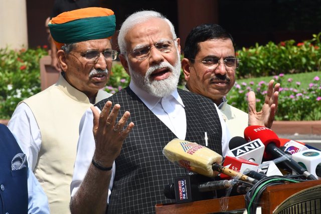 20 July 2023, India, New Delhi: Indian Prime Minister Narendra Modi speaks during a press conference on the First day of the monsoon session of the parliament in New Delhi.  Narendra Modi Thursday broke more than two months of his public silence over the 