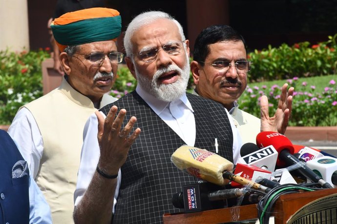20 July 2023, India, New Delhi: Indian Prime Minister Narendra Modi speaks during a press conference on the First day of the monsoon session of the parliament in New Delhi.  Narendra Modi Thursday broke more than two months of his public silence over th