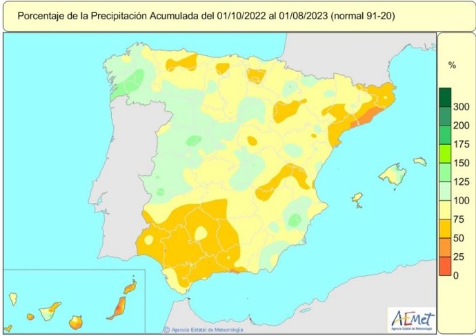 Mapa de lluvias acumuladas en España desde el 1 de octubre de 2022 al 1 de agosto de 2023.