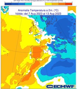 Mapa facilitado por la Aemet sobre el episodio de "intenso calor" previsto para la semana del 7 de agosto