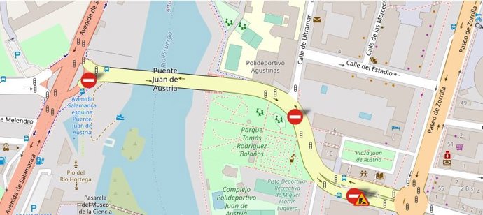 Información sobre el corte de tráfico del puente de Juan de Austria en dirección al paseo de Zorrilla.