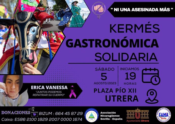 Cartel anunciando los actos organizados por la Asociación Nicaragüense Sevilla-España en Utrera para recaudar fondos con los que costear la repatriación del cádaver de la joven asesinada presuntamente a manos de su ex pareja.