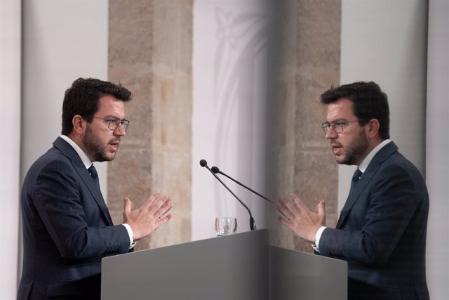 El president de la Generalitat, Pere Aragonès, intervé durant una roda de premsa