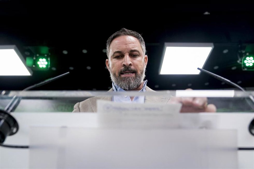 El candidato de Vox a la Presidencia del Gobierno de España, Santiago Abascal, durante el seguimiento de la jornada electoral de los comicios generales en la sede de Vox, a 23 de julio de 2023, en Madrid (España). 