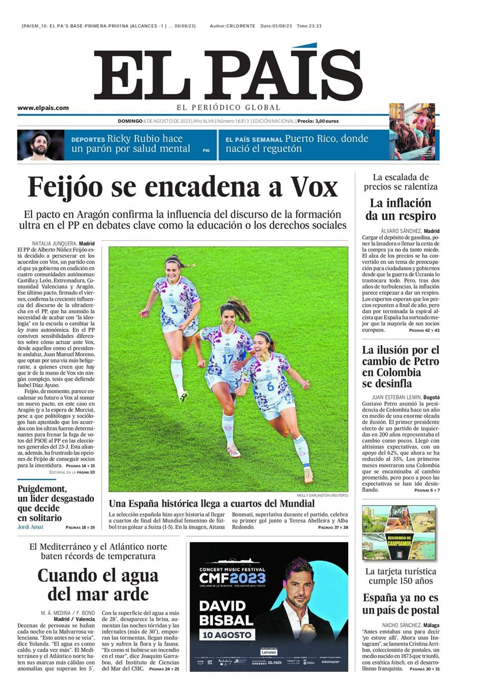 Portada de El País del domingo 6 de agosto de 2023.