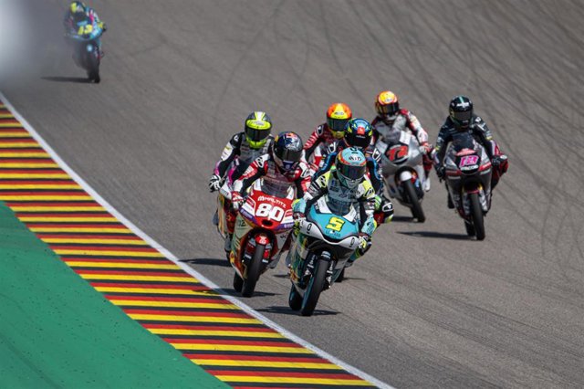 ACOSTA Pedro (spa), Red Bull KTM Ajo, Kalex Moto2, portrait celebrates his third place on podium,during the 2023 Moto 2 Liqui Moly Motorrad Grand Prix Deutschland from June 16 to 18, 2028 on Circuit de Sachsenring, Germany - Photo Studio Milagro / DPPI
