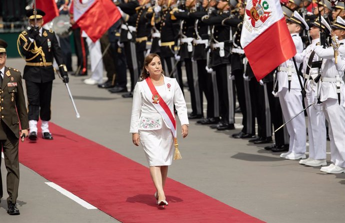 LIMA, July 29, 2023  -- Peruvian President Dina Boluarte attends an event to commemorate Peru's independence in Lima, Peru, on July 28, 2023.