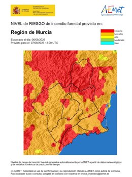 Meteorología establece el nivel de riesgo de incendio forestal para este lunes muy alto en la mayor parte de Murcia
