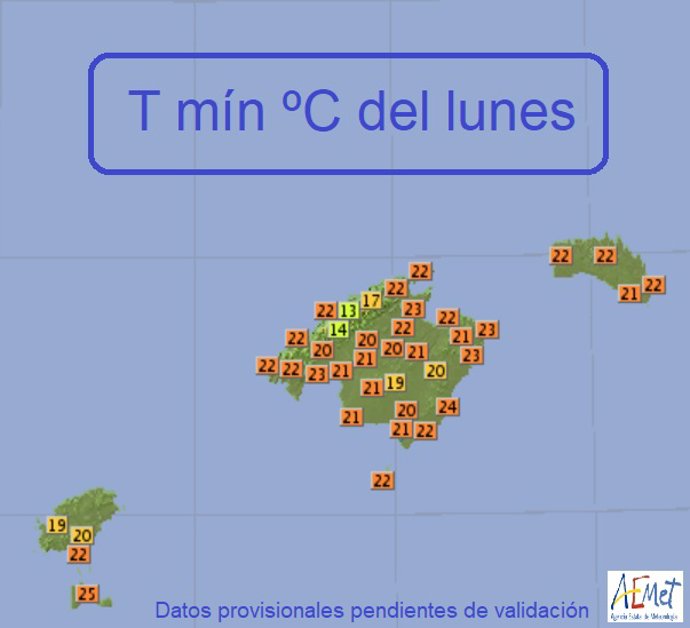 Temperaturas mínimas registradas en Baleares el 7 de agosto de 2023.