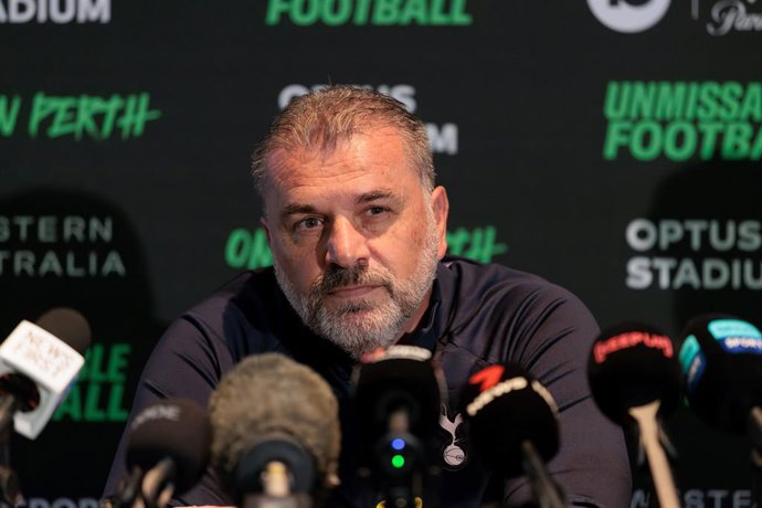 Ange Postecoglou, manager of Premier League club Tottenham Hotspurs speaks during a press conference ahead of the pre-season match between West Ham United and the Tottenham Hotspurs, at the WACA in Perth, Monday, July 17, 2023.  (AAP Image/Richard Wainw