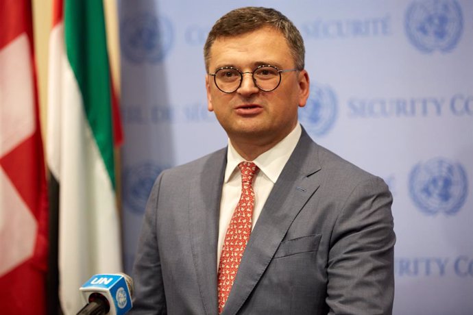17 July 2023, US, New York: Ukraine Foreign Minister Dmytro Kuleba speaks to the media during the UN Security Council. Photo: Mark J. Sullivan/ZUMA Press Wire/dpa