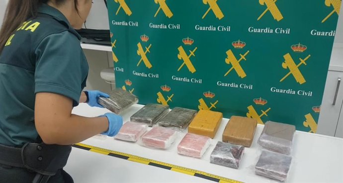 Una agente de la Guardia Civil colocando los 12 paquetes de cocaína incautados en Palma.