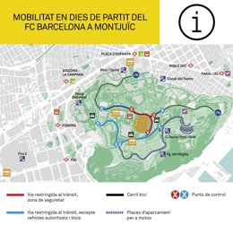 Mapa de la restricción de movilidad en Montjuc los días de partido del FC Barcelona