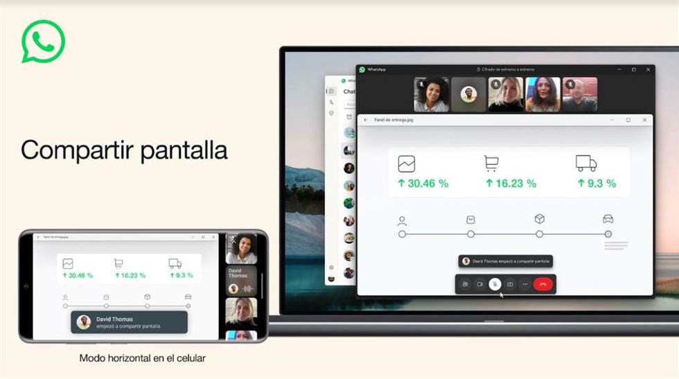 Interfaz de Whatsapp al compartir pantalla durante una videollamada