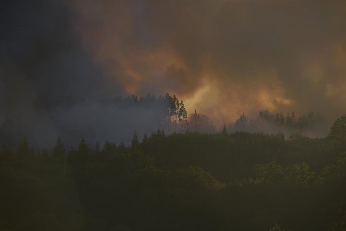 Humo provocado por un incendio forestal en la parroquia de Belesar, a 6 de agosto de 2023, en Vilalba, Lugo, Galicia (España). Varios medios de extinción, terrestres y aéreos, fueron movilizados en la noche del domingo 6 de agosto a este lunes 7 por un 