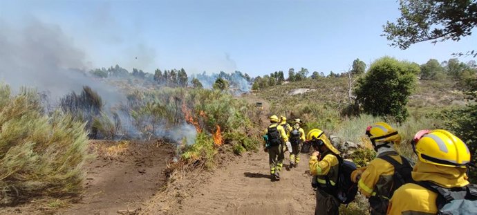 Efectivos del Infoex en el incendio de Valencia de Alcántara.