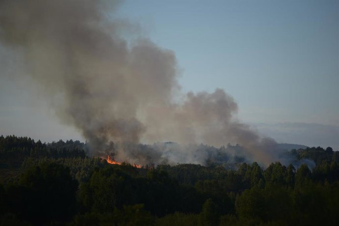Incendio forestal en la parroquia de Belesar, a 6 de agosto de 2023, en Vilalba, Lugo, Galicia (España). Varios medios de extinción, terrestres y aéreos, fueron movilizados en la noche del domingo 6 de agosto a este lunes 7 por un incendio que ya está c