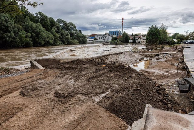August 6, 2023, Kranj, Slovenia: A destroyed road is seen in Goricane near Medvode after major flooding hit most of the country a couple of days ago. Clean-up and rescue efforts after major flooding in Slovenia are underway. Some areas are still inaccessi