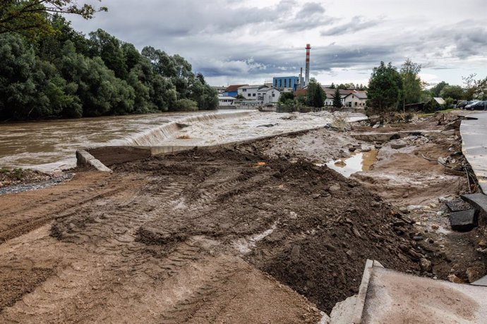 August 6, 2023, Kranj, Slovenia: A destroyed road is seen in Goricane near Medvode after major flooding hit most of the country a couple of days ago. Clean-up and rescue efforts after major flooding in Slovenia are underway. Some areas are still inacces