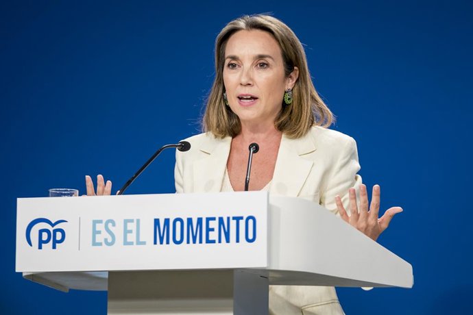 La secretaria general del Partido Popular, Cuca Gamarra, comparece en rueda de prensa tras las reunión del Comité de Dirección del Partido Popular, en la sede del partido en calle Génova, a 9 de agosto de 2023, en Madrid (España).