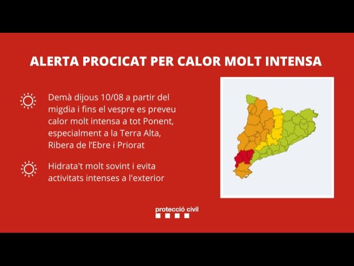 Protecció Civil activa el Procicat en alerta per calor "molt intensa" a Lleida i Tarragona el dijous
