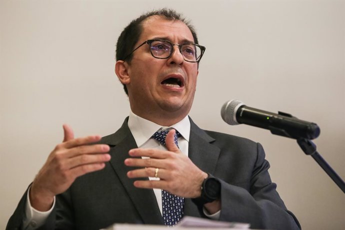 BOGOTÁ, 5 de junio de 2023. El fiscal general de la Nación, Francisco Barbosa, junto a varios gobernadores intervino durante la Cumbre de Seguridad Nacional por los Territorios, de FedeDepartamentos que se realizó en el hotel Marriot de Bogotá.(Colprensa