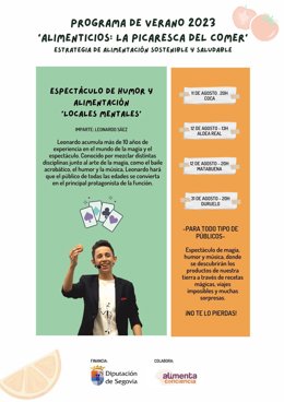 Cartel de los cuatro talleres de magia y alimentos saludables organizados por la Diputación de Segovia.