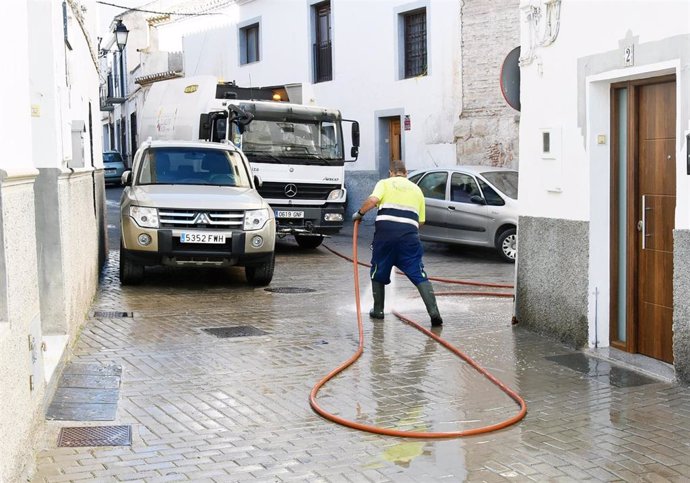 Trabajador municipal limpiando una calle de Baza