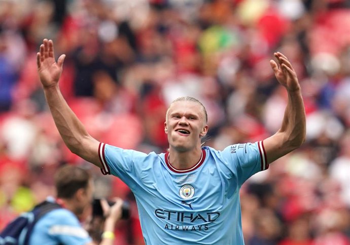 Archivo - 03 June 2023, United Kingdom, London: Manchester City's Erling Haaland celebrates following the English FA Cup final soccer match between Manchester City and Manchester United at Wembley Stadium. Photo: Nick Potts/PA Wire/dpa