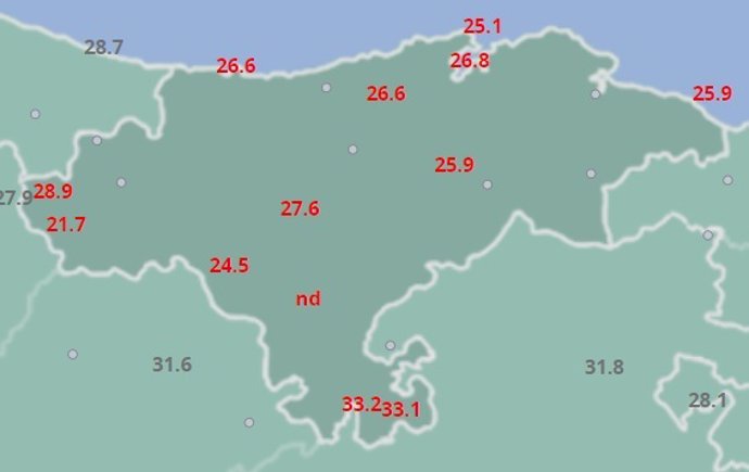 Mapa de temperaturas máximas de este jueves, 10 de agosto, en Cantabria