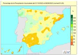 La falta de lluvias acumulada en el conjunto de España desde el 1 de octubre de 2022 al 8 de agosto del 2023 se sitúa en el 16% .