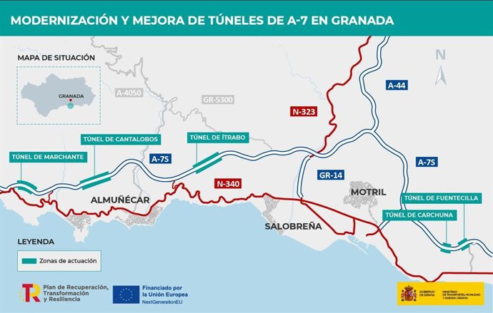 Mapa de intervenciones en túneles de la A-7 en la provincia de Granada