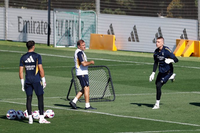 Andriy Lunin during the training day of Real Madriod prior the first match of La Liga EA Sports at Ciudad Deportiva Real Madrid on August 11, 2023, in Valdebebas, Madrid, Spain.