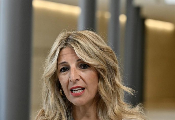 Archivo - Spanish Minister of Labour and Social Economy Yolanda Diaz talks to the press at the start of the Employment, Social Policy, Health and Consumer Affairs Council meeting, in Luxembourg city, Monday 12 June 2023.