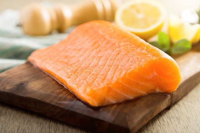 Salmon fish steck on the cutting board