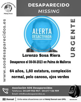 Cartel de 'alerta desactivada' de la desaparición del hombre