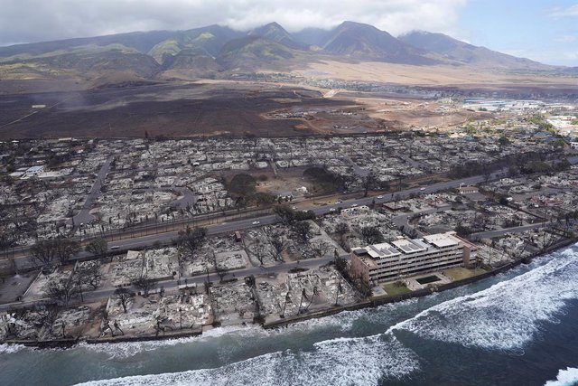 August 10, 2023, Lahaina, Hawaii, USA: Aerial view of the destruction of Lahania town is seen Thursday, in Maui. The historic town of Lahaina has been devastated. Destroyed homes and buildings surround the area in the aftermath of the fire. The death toll