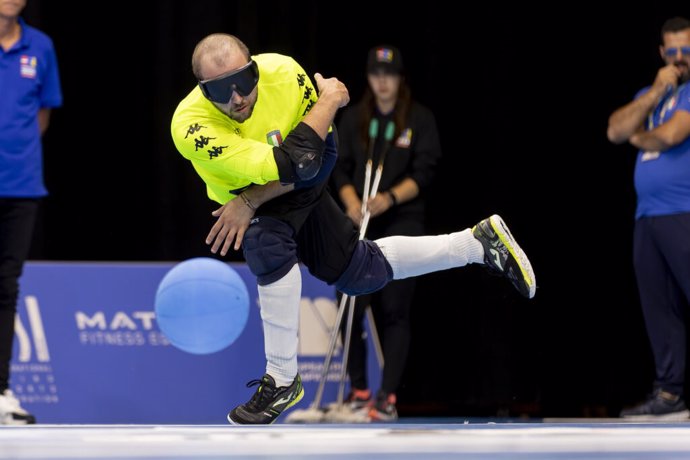 Participants at goalball at European Para Championships in Ahoy, Rotterdam on 10 August 2023