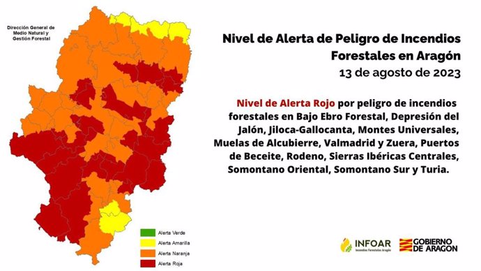 Continúa el nivel de alerta Rojo por peligro de incendios forestales en varias zonas de Aragón.