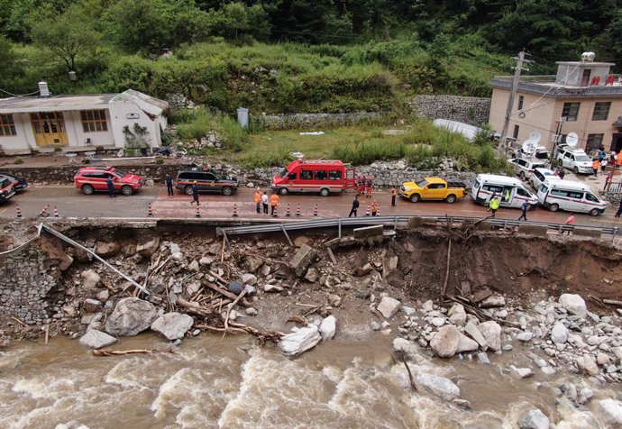 XI'AN, Aug. 12, 2023  -- This aerial photo taken on Aug. 12, 2023 shows the site of the mud slide in Weiziping Village of Luanzhen Township on the outskirts of Chang'an District, Xi'an of northwest China's Shaanxi Province. Two people are confirmed dead